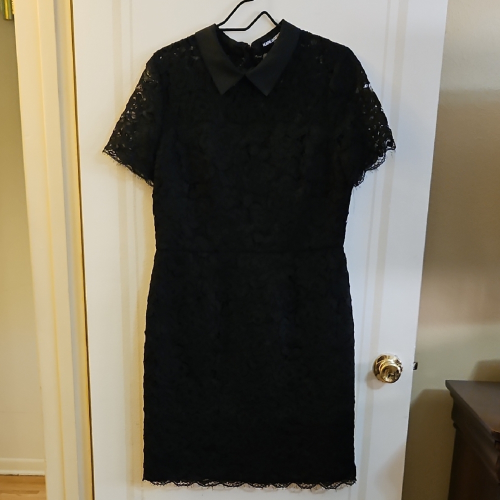Karl Lagerfeld Black Lace Midi Dress with Peter Pan Collar
